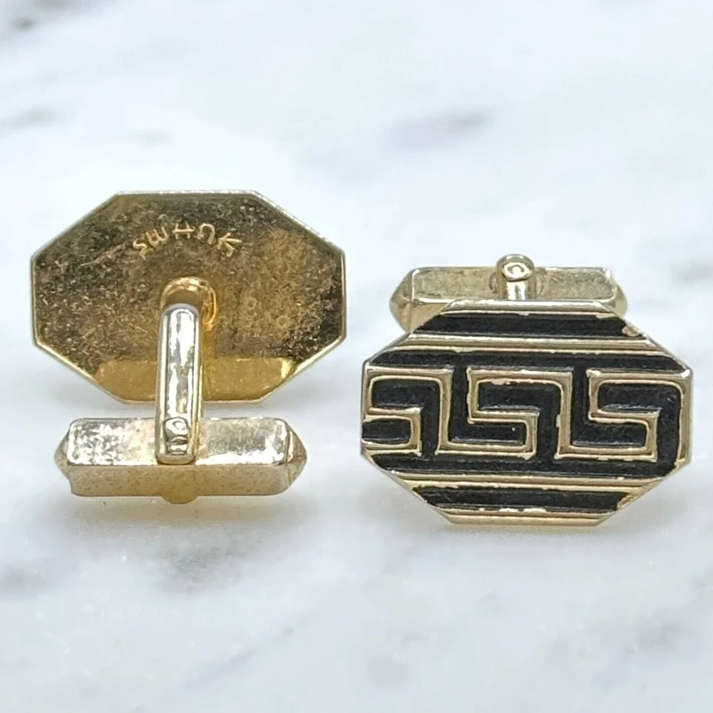 Vintage SWANK Gold Tone & Black Meander Greek Pattern Bullet Back Cufflinks